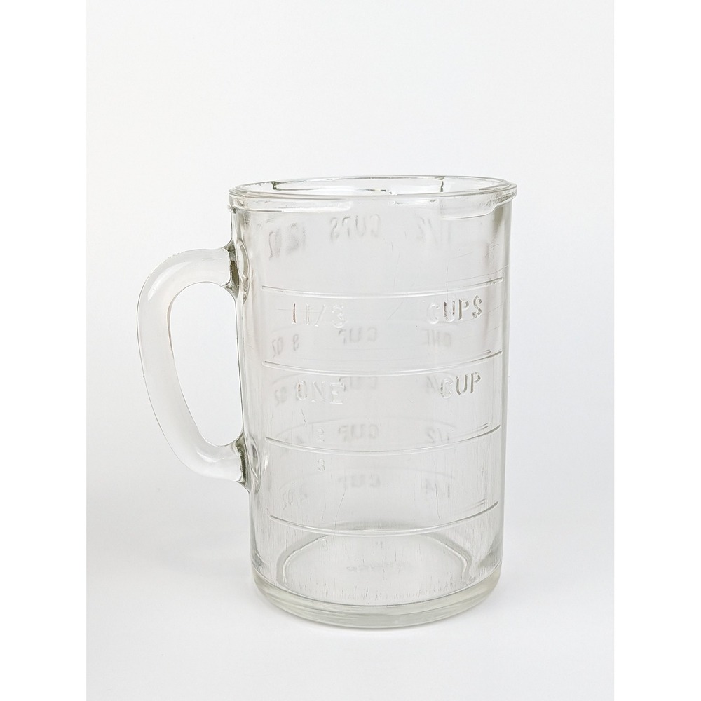 Vintage Fire King Glass Measuring Cup 1.5 Cup 12 oz Embossed Clear D-Handle